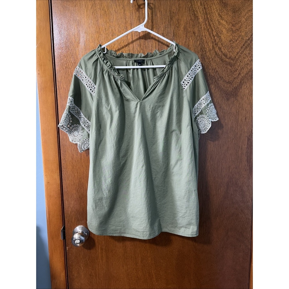 Talbots Shirt Womens Size L Green Eyelet Lace Flutter Sleeve Peasant V Neck Boho